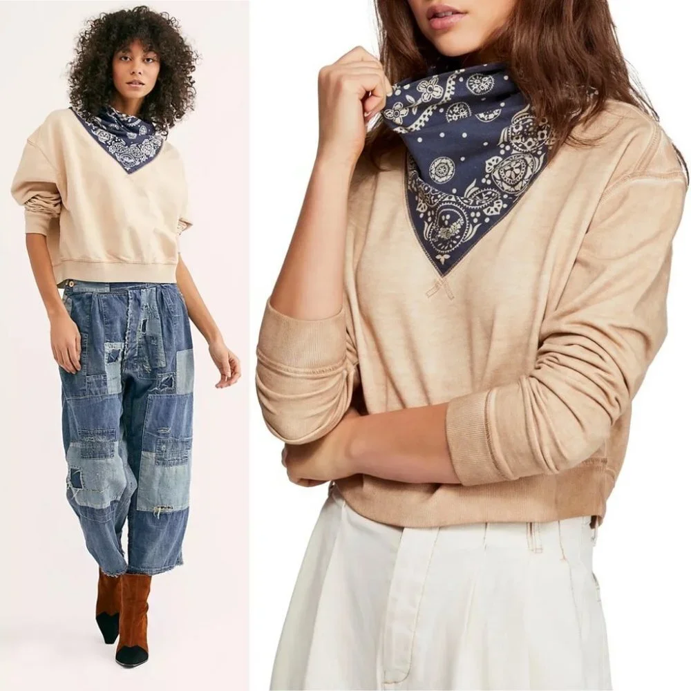 Free People James Bandana Sweatshirt Cream Blue Size Large New With Tags L NWT - Picture 3 of 7